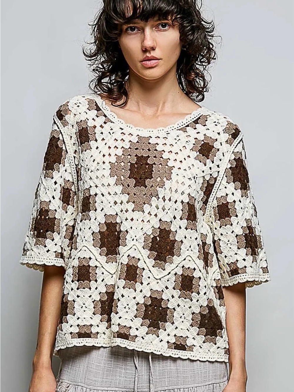#55 R1 POL Crochet Square-Pattern Top